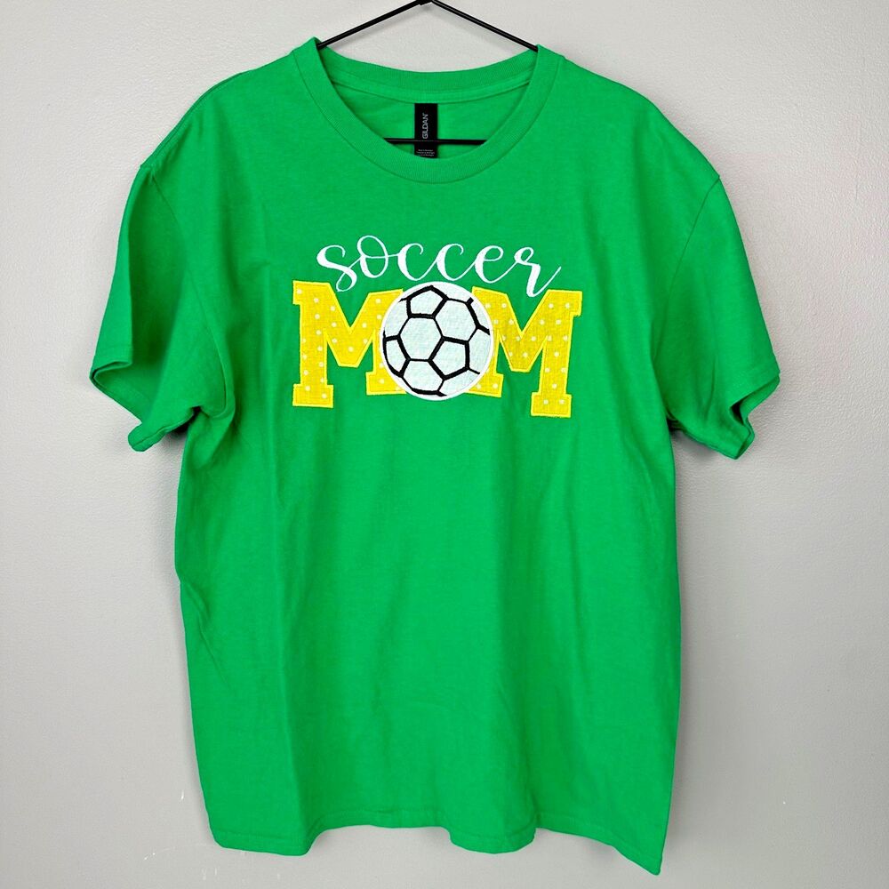 Embroidered Applique Soccer Mom Tshirt Green Womens Large